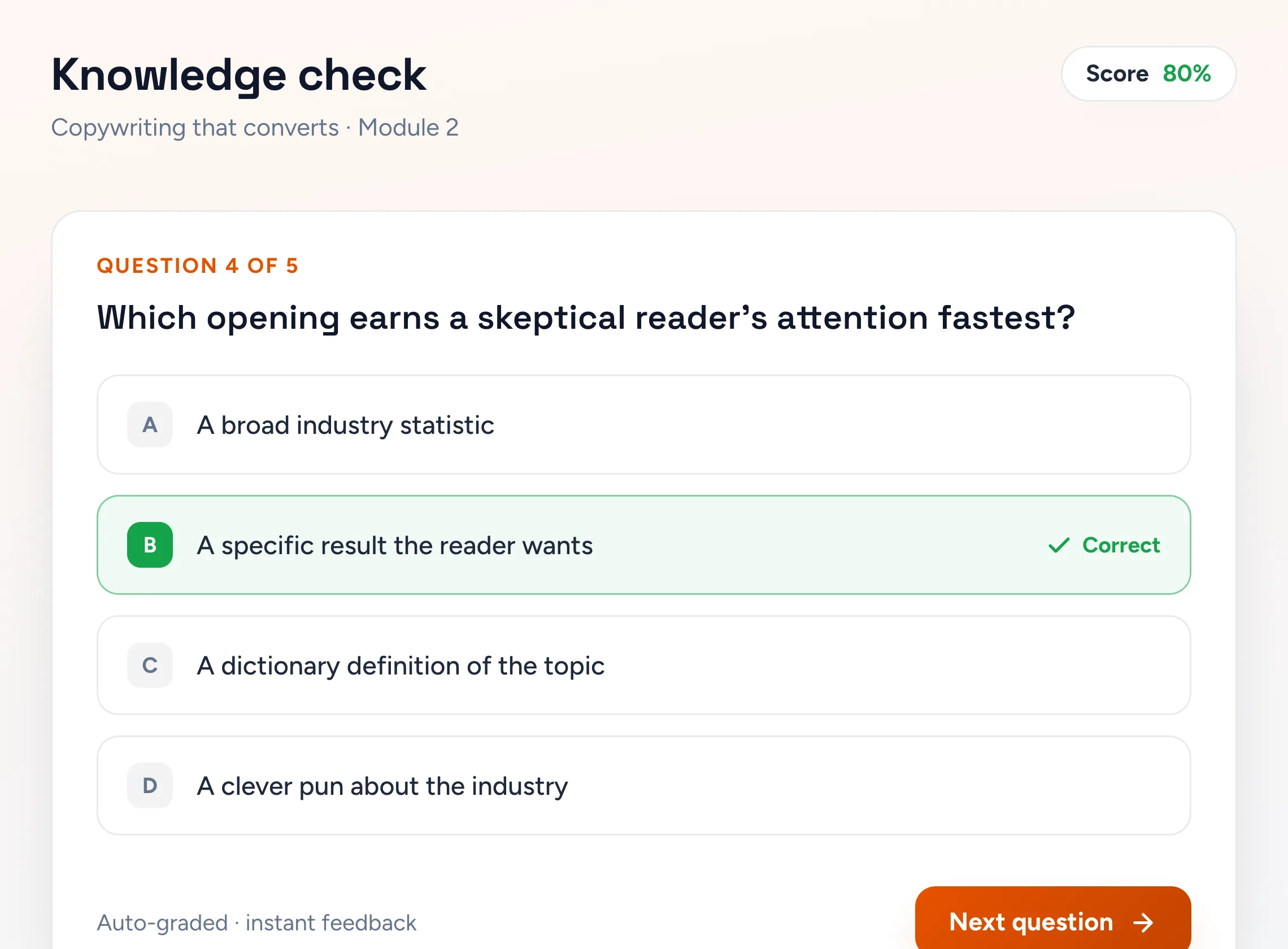 Vectore quiz tool: an auto-graded multiple-choice knowledge check with the correct answer marked and a live score
