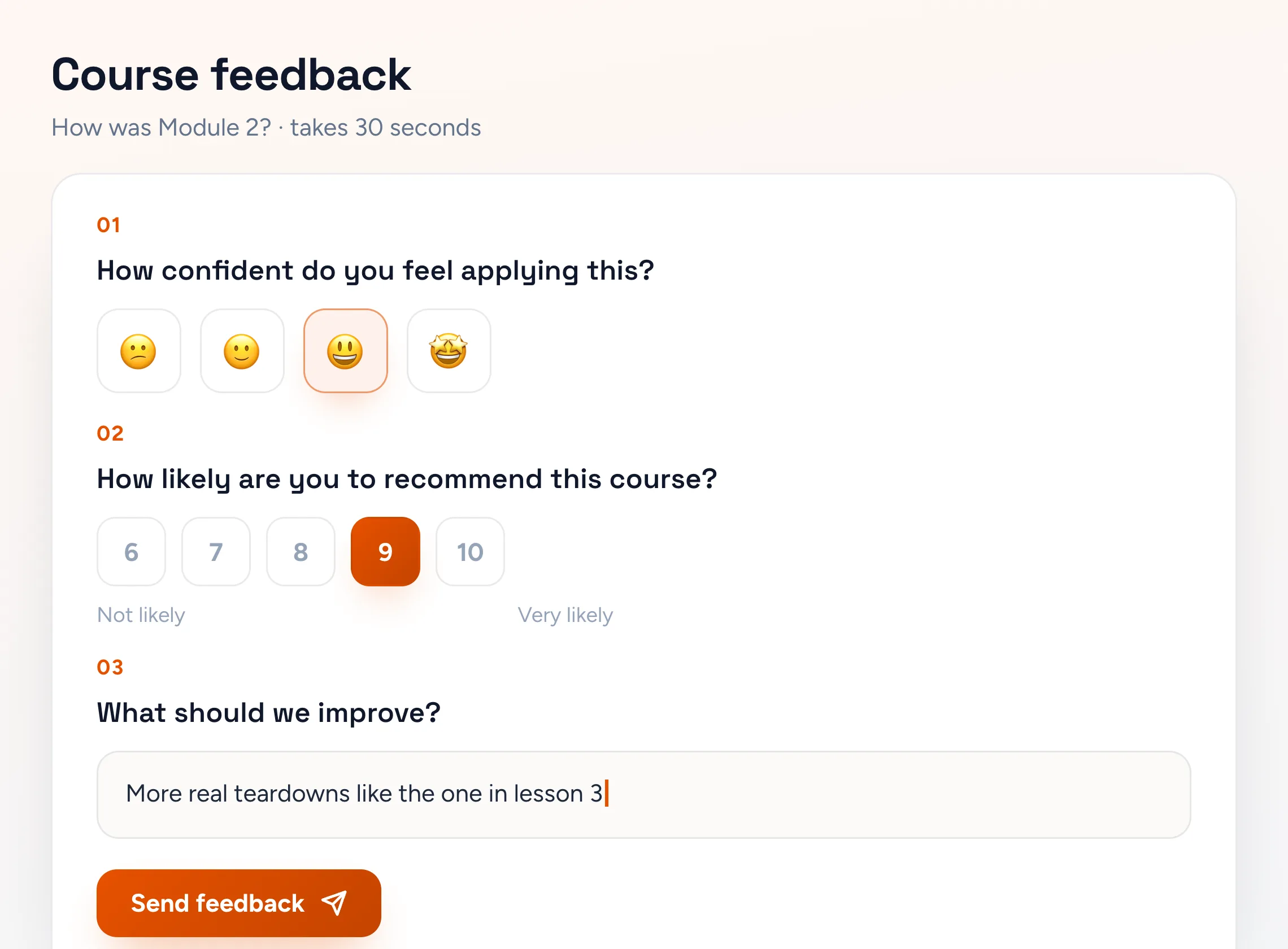 Vectore survey tool: a course feedback survey with a confidence rating, a recommendation score, and an open comment