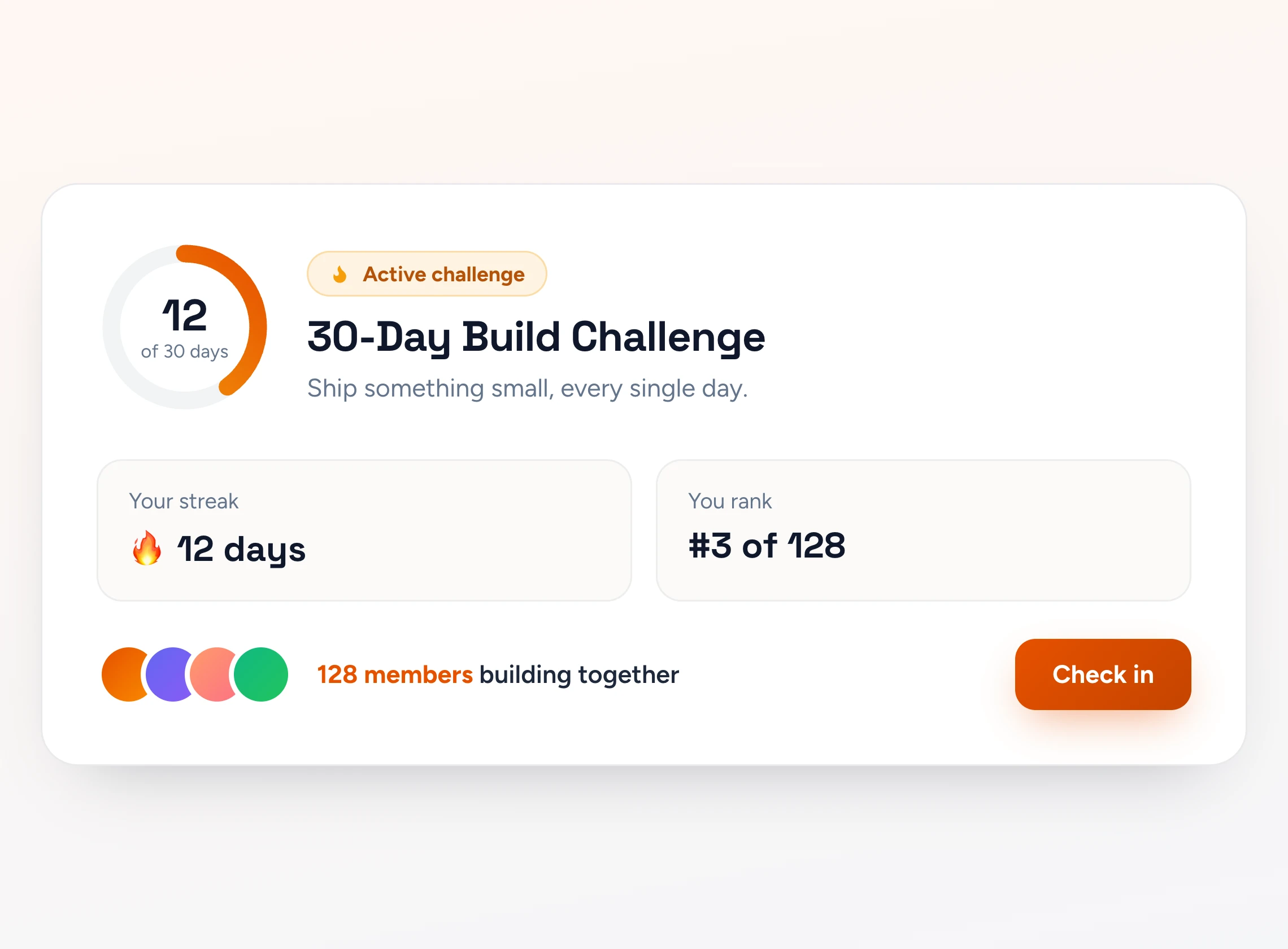 A 30-day build challenge with streak and rank