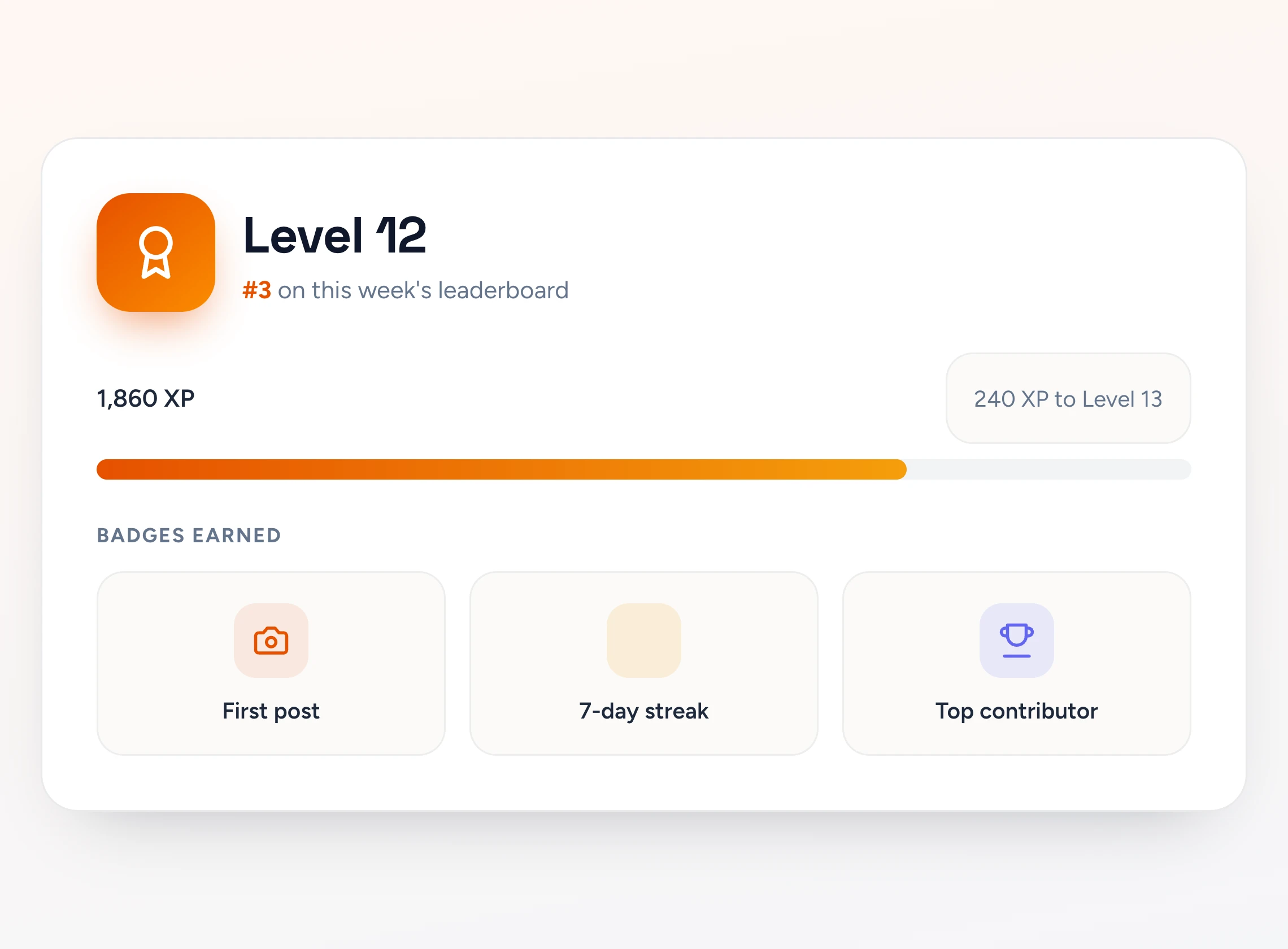 Level, XP progress, and earned badges