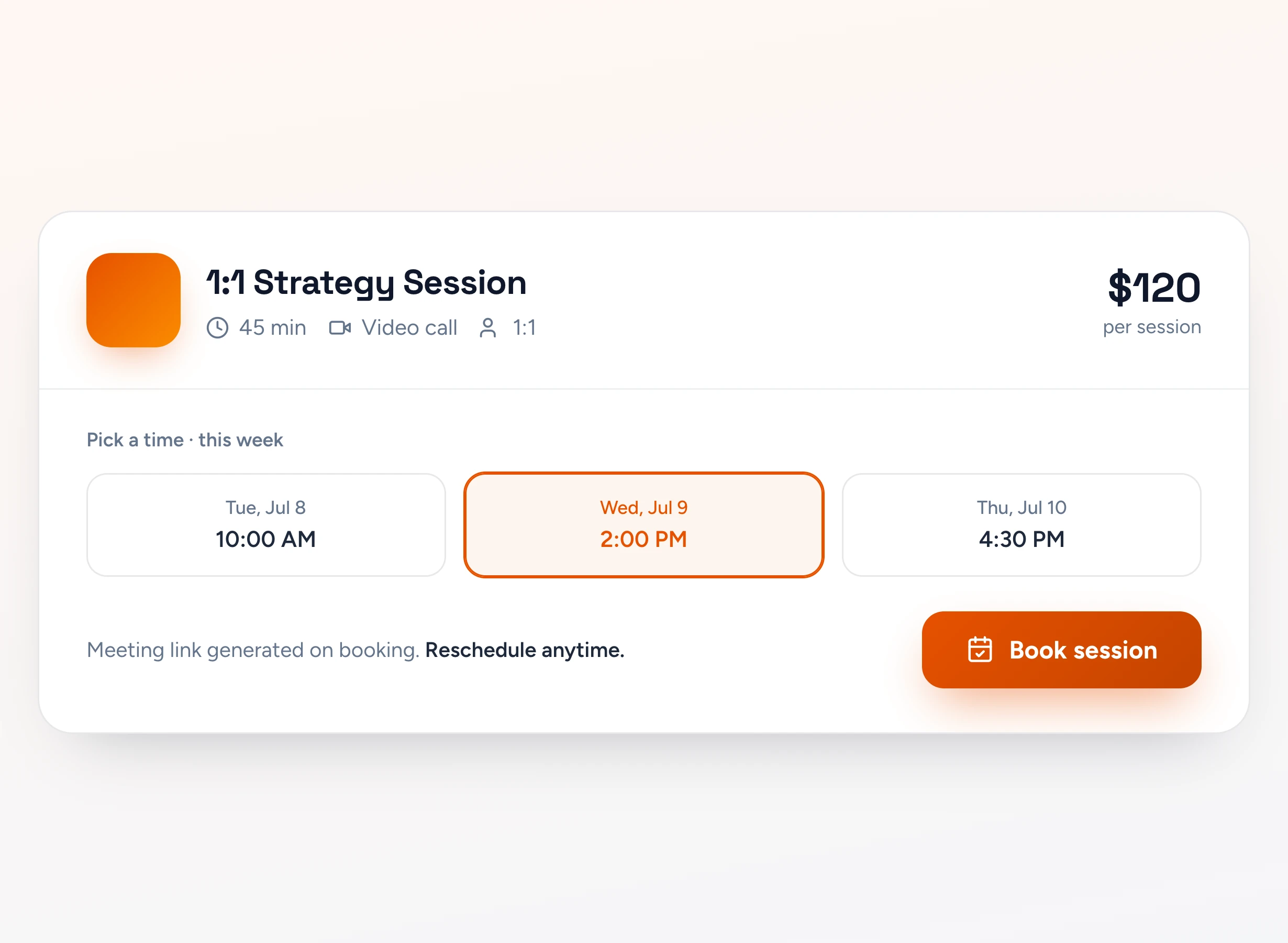 A coaching session with duration, price, and open time slots