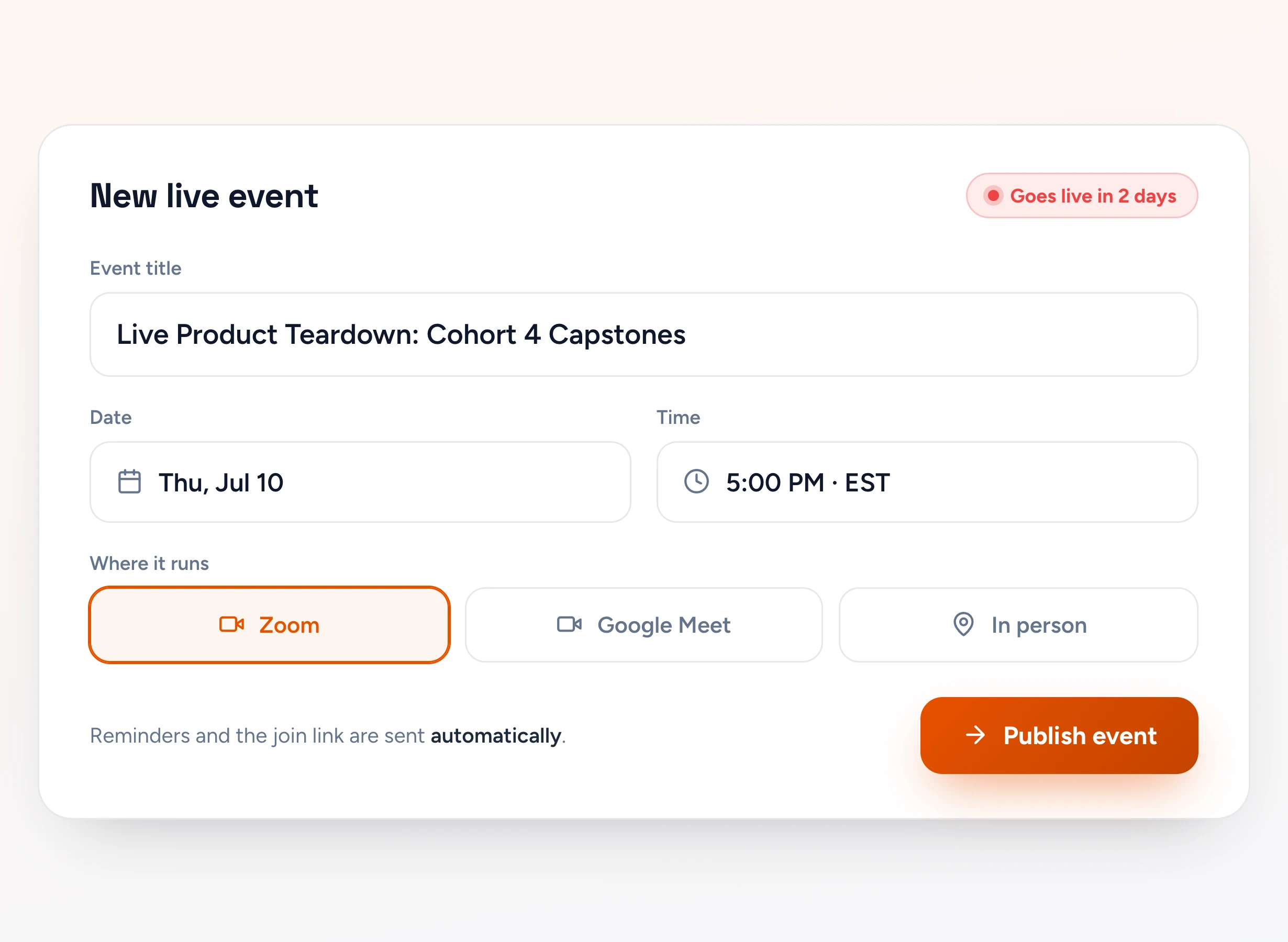 Creating a live event with date, time, and platform