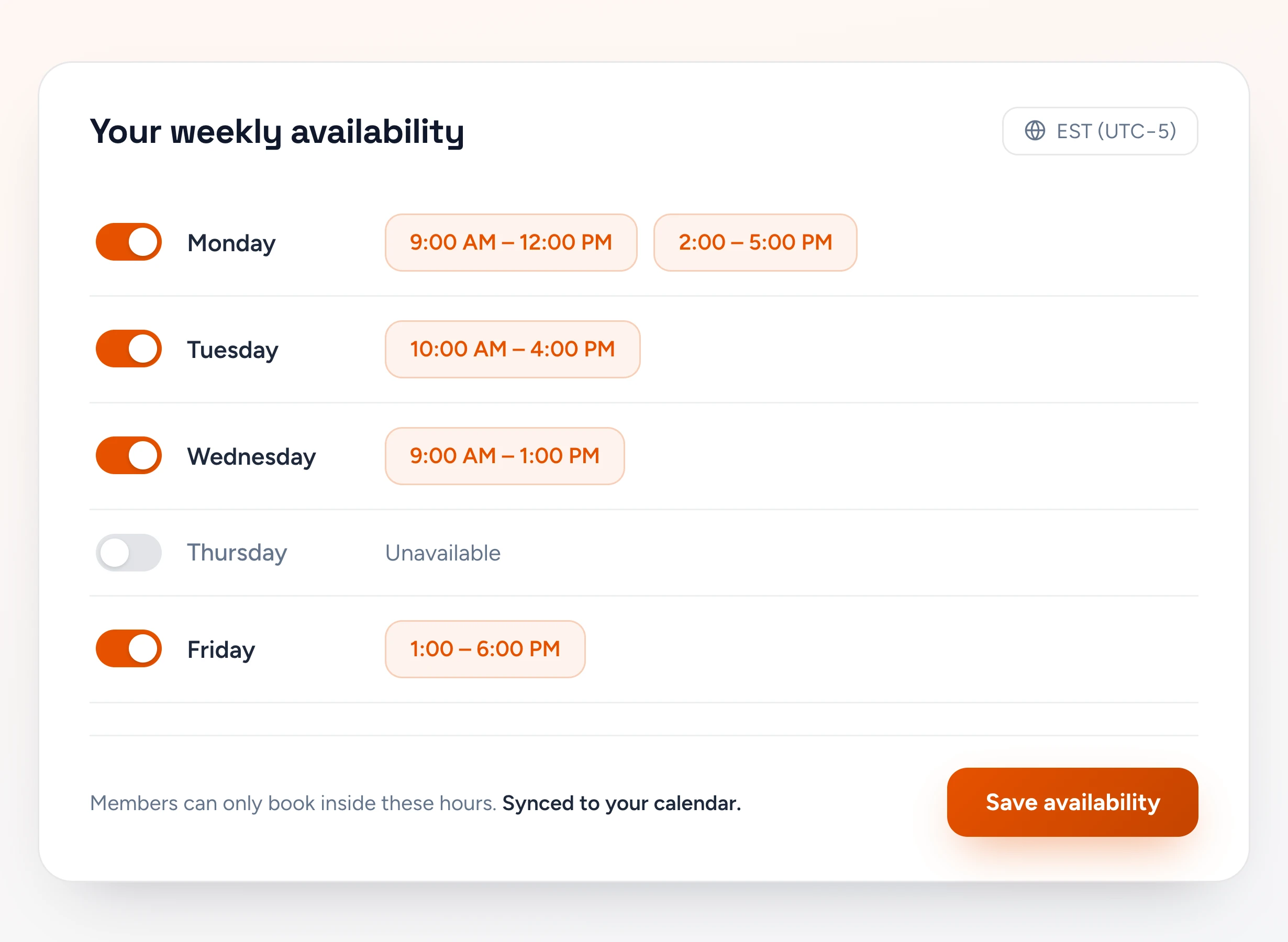 Setting weekly availability for bookings