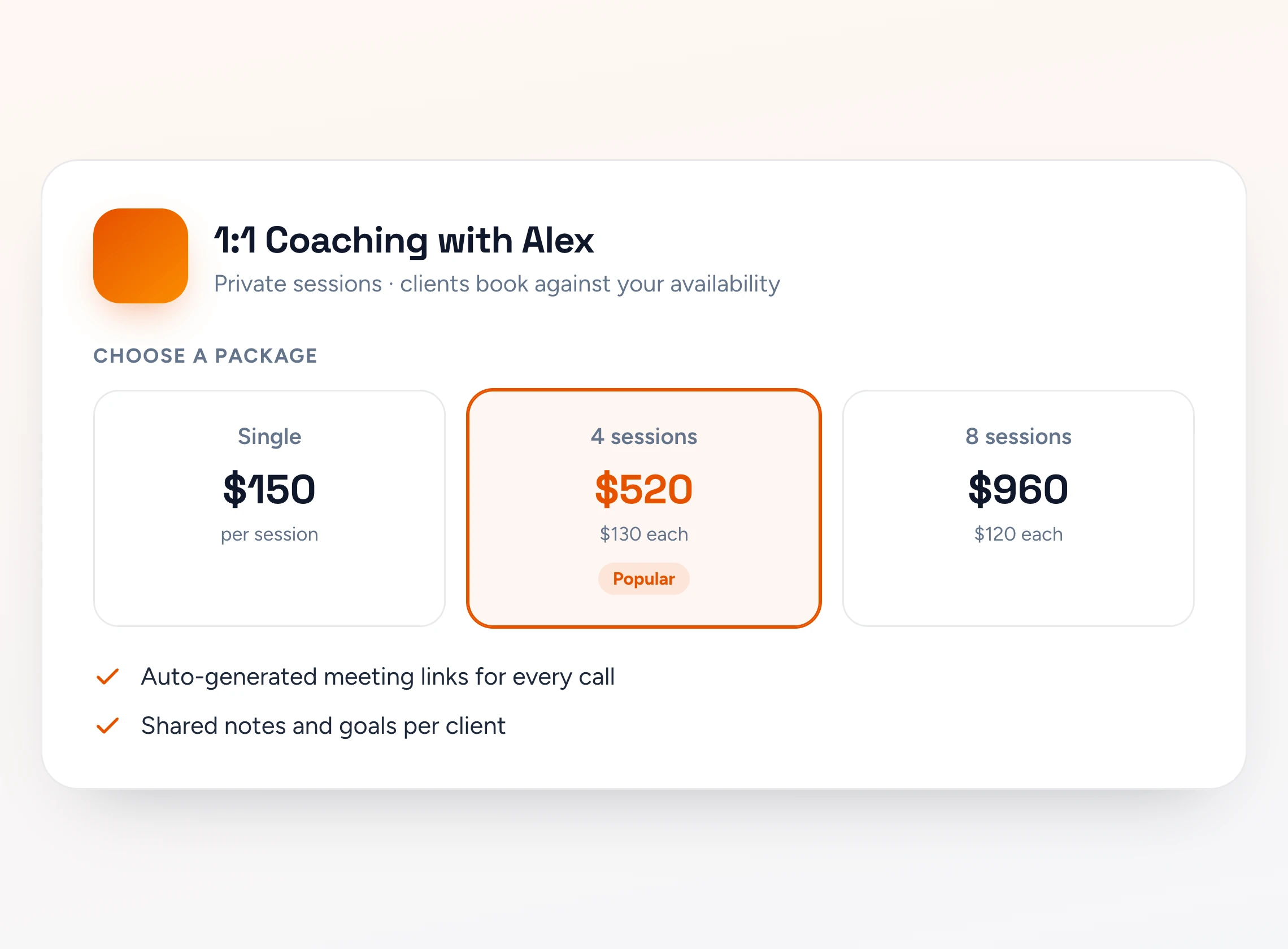 A 1:1 coaching offer with session packages