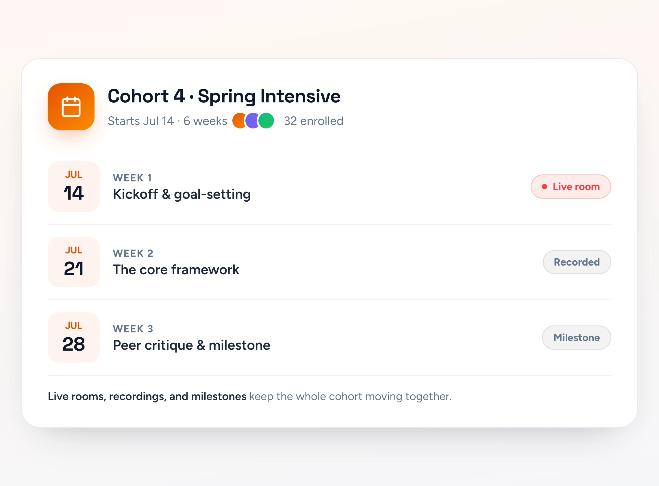 A cohort program with a week-by-week live schedule
